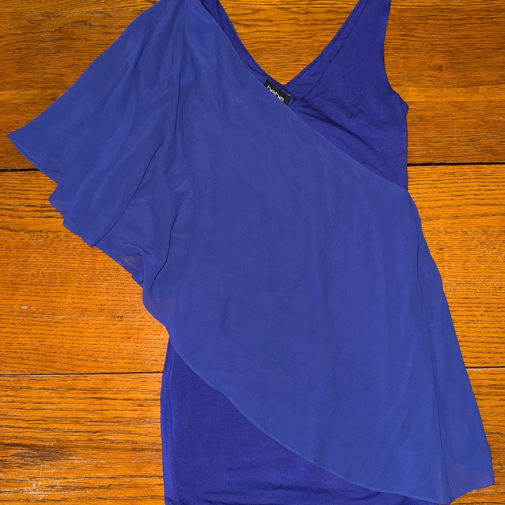 Bebe Sexy Royal Blue Asymmetrical Sheer Chiffon Shoulder Dress Size XXS NWT